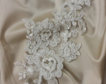 Ivory Lace applique, Beaded lace applique, French Chantilly lace applique, 3D lace, bridal lace applique M0003