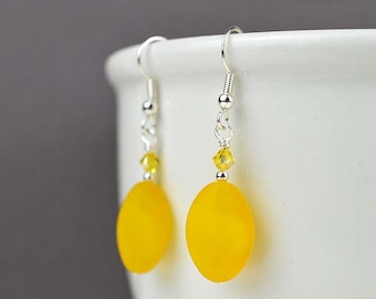 Yellow sea glass earrings bright yellow sea glass jewelry with Swarovski crystals sunshine sunflower yellow beach glass jewelry gift for her