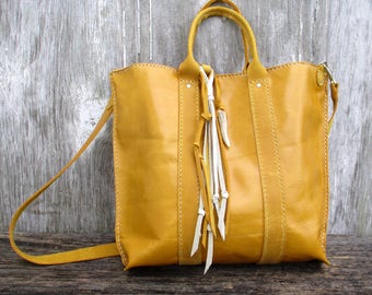 Leather Mini Tote Bag in Saffron by Stacy Leigh with Rustic Fringe Embellishment and Detachable Strap - Small Shoulder Bag - by Stacy Leigh