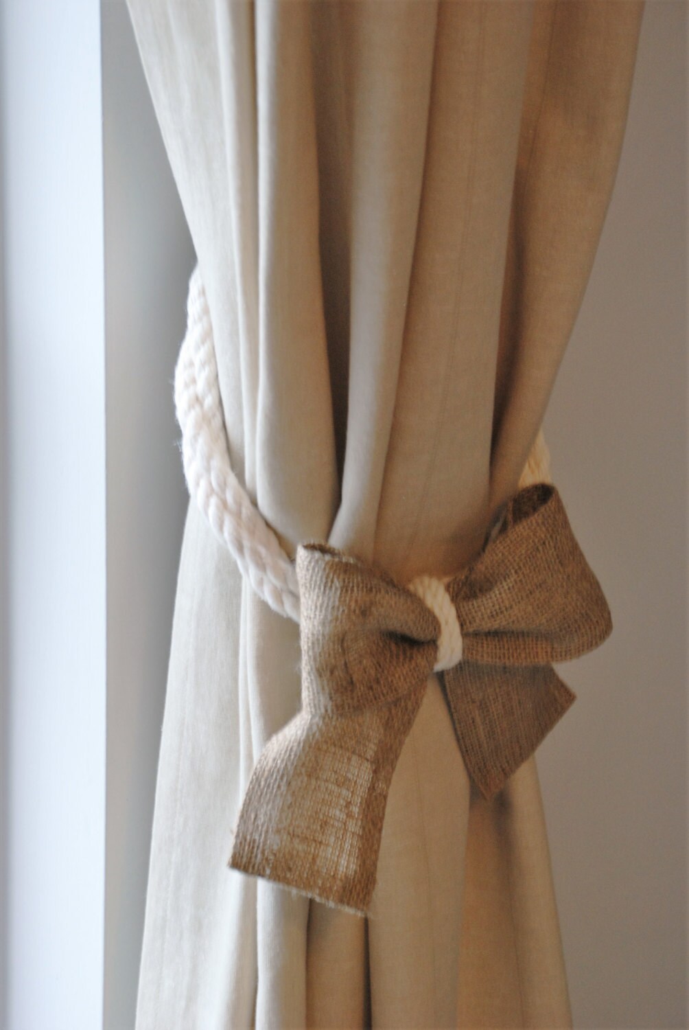 White Cotton Rope and Burlap Bow Curtain Tie-backs/ shabby chic window ...