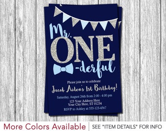 Mr. ONEderful Birthday Invitation | Mr One-derful First Birthday Invitations | Navy Blue and Silver