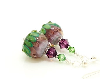 Purple Green Earrings, Lampwork Earrings, Glass Earrings, Glass Bead Earrings, Lotus Flower Earrings, Unique Earrings, Unusual Earrings