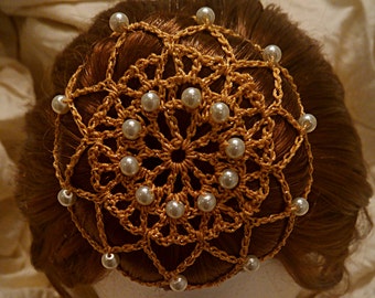 Crochet Gold Bun Cover Snood with White Beads