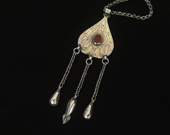 Turkmen-tekke ethnic tribal silver pendant with cornalian