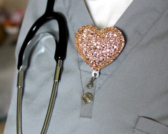 Rose Gold badge reel - RN badge reel - Glitter heart badge reel - Gold Badge Reel - Nurse's Badge Reel - Glitter heart retractable id holder