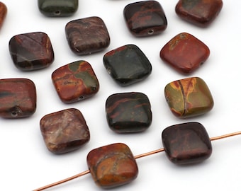 17 pcs red creek jasper beads, flat square multicolor brown grey semiprecious stone 12mm