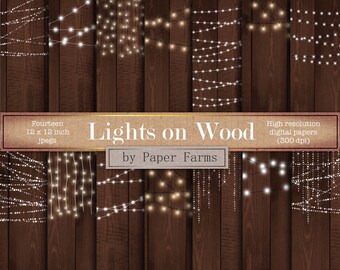 Fairy lights digital paper, digital paper, scrapbook paper, fairy lights, light strings, wood background, invitation supplies, rustic