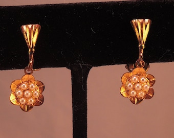 Precious Gold Tone Flower Clip Earrings with Faux Seed Pearls 1940-50s
