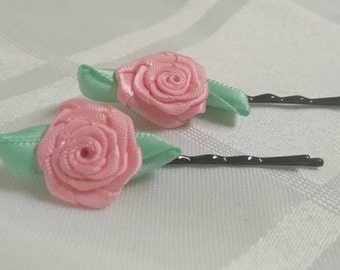 Pink Satin Fabric Ribbon Rose Bobby Pin Hair Pin Set of 2 #B005