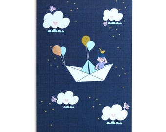 Carte enfant, bateau papier, garçon, ballon, illustration rétro, cute, mignon, cadeau naissance, chambre bébé, ateliervudo, vudo