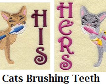 His and Hers Towel Set - Cats Brushing Teeth