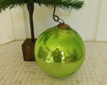 Green German Kugel Large Old Blown Glass Christmas Ornament with Brass Cap Antique Holiday Decor