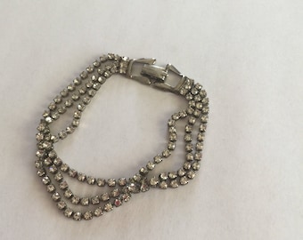 Rhinestone Bridal Bracelet, Silver-tone, Multi strand, Vintage Jewelry