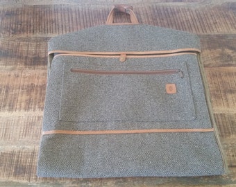 Vintage Brown Tweed & Belting Leather Trim HARTMANN Bi-Fold Garment Bag Travel Luggage Carry-On
