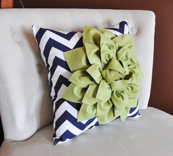 Decorative Throw Pillow Sage Green Dahlia on Navy and White