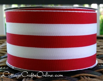 Wired Ribbon, 2 1/2" , Red and White Stripe - TWENTY FIVE YARD Roll - Offray "Carnival Red", Grosgrain Style, Christmas Wire Edged Ribbon