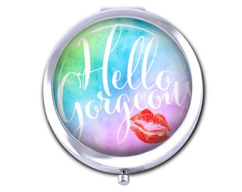Hello Gorgeous pocket mirror, girlfriend gift for her, positive saying compact mirror, uplifting purse mirror, red watercolor.