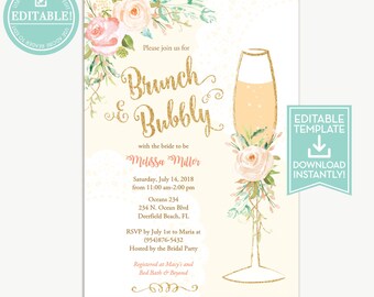Brunch and Bubbly Invitation Download / Editable Template / Bridal Shower / Wedding Shower Invite / Baby Shower / Birthday / LR1050N