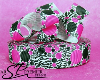 7/8" Pink and Black Dots Grosgrain Ribbon