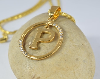 22mm 18KT Gold Filled Crystal Rhinestone Round "P" Pendant,Initial Necklace,Charm,Gold Letter,Pendants,Gold pendants,Personalized Initial