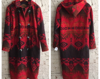 Amazing 1980s Woolrich long red Southwestern wool blanket coat with hood