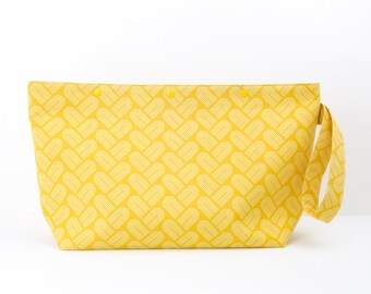 Mustard yellow 3 skein project bag, geometric print medium knitting bag with snaps, minimal crochet storage
