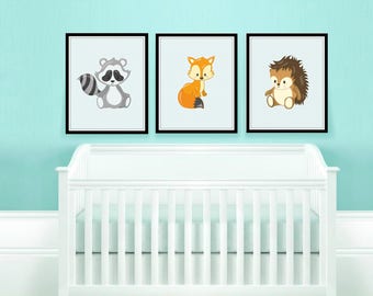 Woodland Nursery Decor, Woodland Animals Printable Wall Art, Deer, Skunk, Fox, Bear, Hedgehog, Squirrel, Raccoon, set of 3, you pick