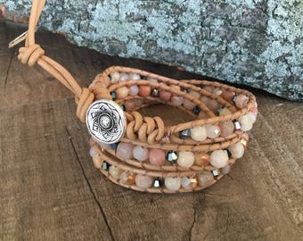 A1040 Leather Triple Wrap Bracelet with Agate and Crystal Beads