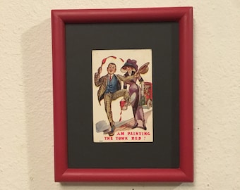 Framed Art, Upcycled Picture Frame Handpainted Red, Vintage Postcard , Quirky Art , Vintage Decor , One of a Kind