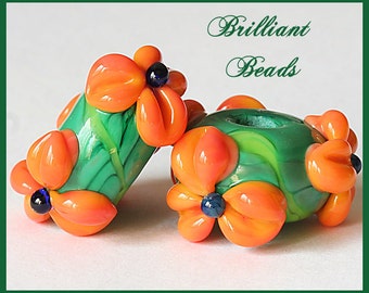 Tangerine & Green Floral Glass Bead Pair...Handmade Lampwork Beads SRA, Made To Order