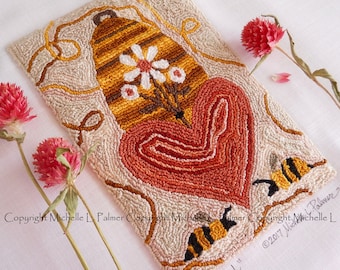 Bee Loved Bumble Bombus Skep Home Daisy Heart Punch Needle Embroidery DIGITAL Jpeg PDF PATTERN Michelle Palmer Painting w/Threads