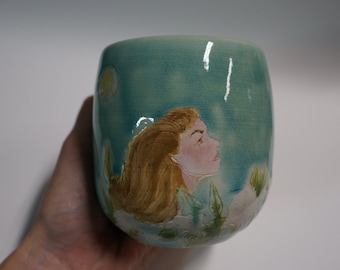 Original Clay Collectible Ceramic Pottery Cup with Woman, Moon, and Moonflowers