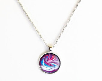 Glass dome cabochon, Galaxy necklace, Nail polish jewelry, Galactic art, Wavy spiral swirl, Water marbled, Funky jewelry, Nail polish art