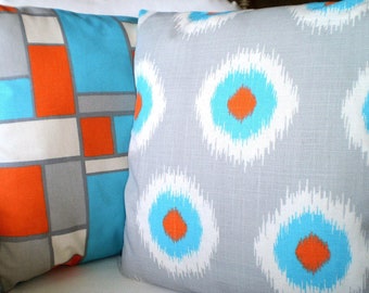 Aqua Orange Gray Pillow Covers, Decorative Throw Pillows, Cushions, Grey Orange Aqua Cream Ikat Domino Hopscotch Set of Two Various Sizes