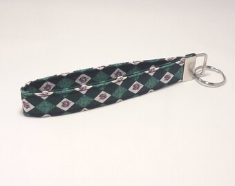 Green and White Diagonal Check with Purple Roses Fabric Keychain / Wristlet / Key Fob