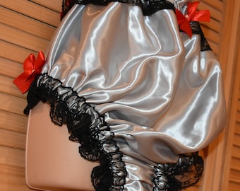 Sensual silver & black coloured satin lacy lounging and sleeping panties, big boy size, Sissy lingerie