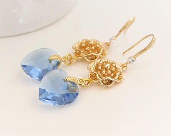 Ocean Blue Crystal Glass Earrings, Blue & Gold Earrings, Everyday Wear Blue Crystal Earrings, Bridesmaids Gifts, Blue Gold wedding