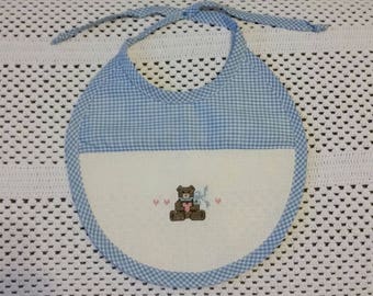 Teddy Bear cross stitch baby bib. 9" wide.