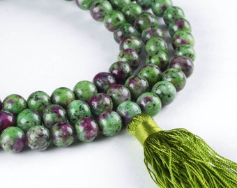 RUBY ZOISITE MALA Necklace & Mala Tassel - 8mm Beads 108 Mala Beads, Ruby Necklace, Mala Prayer Bead, Prayer Necklace, Prayer Bracelet E0120