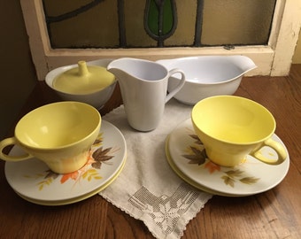 Vintage Melamine Tea Set 1960's Yellow and White