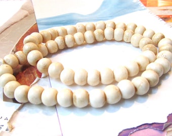 Bone Mala Beads, Wide Stringing Hole, Ethnic, Antiqued Carved Buffalo Bone, 8mm, Beige Bead, 60 Pc