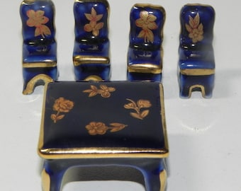 Vintage Limoges Miniature Table and Four Chairs Blue Gold