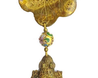 Frog Lilypad Pin Spotted Brasstone Dangle Cloisonne Bead 3.5" Long