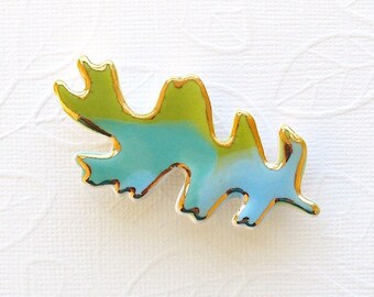 SALE! Oak Leaf Brooch. Turquoise Blue. Green. Aqua Blue. Olive Green. Porcelain Clay. 22K Gold Edge. Ceramic. Blue-Green. Yellow-Green. Lime