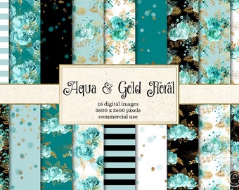 Aqua and Gold Floral Digital Paper, teal and gold printable scrapbook paper, vintage flower backgrounds, turquoise watercolor papers