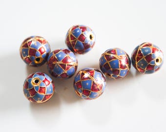 SALE Blue and Red Geometric Floral spheres - Floral Cloisonné Meena beads (2) 10mm