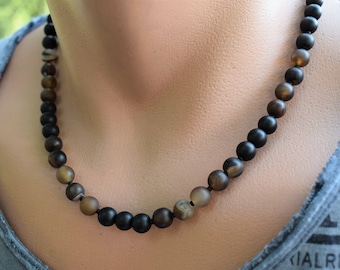 agate bead necklace brown necklace men stone necklace mens black beaded necklace mens gemstone necklace for him minimalist necklace for men