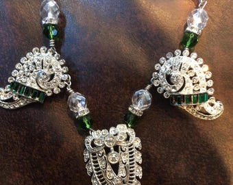 Stunning Green and Clear Dress Clip Necklace