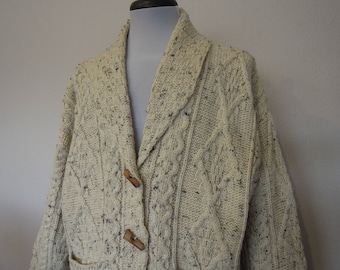 Vintage Chunky Cream Wool Knit Pullover Fishermans Sweater Size Medium Large or XL Oversize