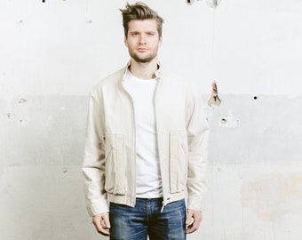 90 Bomber Jacket . Beige Bomber Coach Jacket Mens Vintage Cotton Jacket 1980s Outerwear 80s Oversized Jacket . size Medium